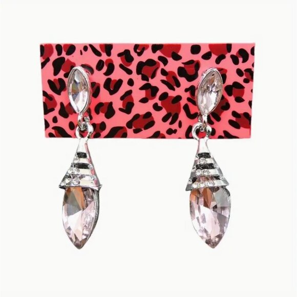 Betsey Johnson Earrings Pink with Crystals Dangle Silver Tone - Picture 1 of 2